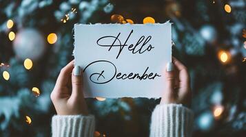 AI generated Hello December card in female hands on the background of the winter forest. photo