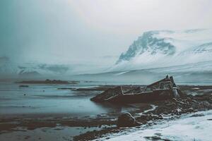 ai generado islandés invierno paisaje con naufragio en el primer plano foto