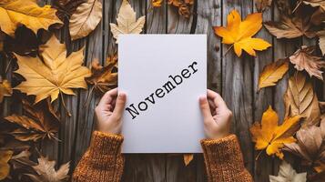 AI generated Hands holding sheet of paper with Hello November text on wooden background photo