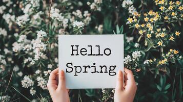 AI generated Hello Spring. Hello spring card with woman hands holding a white sheet of paper with spring blossom background photo