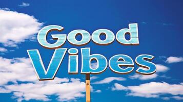 AI generated Good Vibes wooden sign on blue sky background with white clouds photo