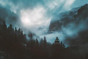 AI generated Mountain landscape with fog and clouds photo
