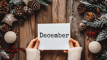 AI generated Hello December card in female hands on the background of the winter forest. photo