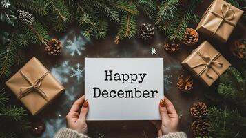 AI generated Hello December card in female hands on the background of the winter forest. photo