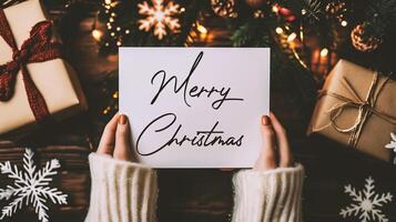 AI generated Christmas and New Year concept. Woman holding card with text Happy Holidays. photo
