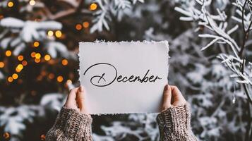 AI generated Hello December card in female hands on the background of the winter forest. photo