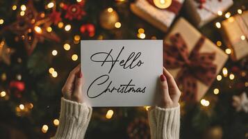 ai generado manos participación un tarjeta con el texto Hola Navidad en frente de un Navidad antecedentes foto