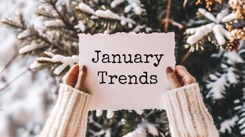 AI generated Female hands holding a card with the text JANUARY TRENDS. Christmas background. photo