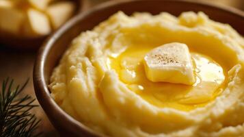 AI generated Mashed potatoes with butter in a wooden bowl, close-up photo