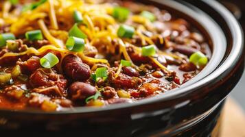 ai generado chile estafa carne en un cuenco en de madera mesa, de cerca foto