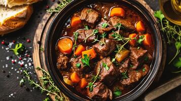 AI generated Beef Bourguignon stew with potatoes, carrots and herbs photo