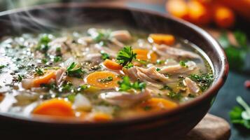 AI generated Chicken soup with vegetables and herbs in a bowl on a wooden table photo