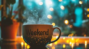 AI generated Coffee cup with weekend word on the blurred bokeh background photo