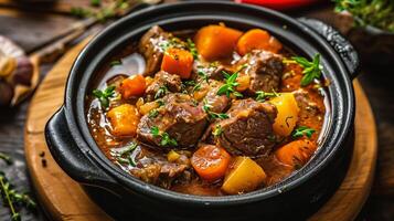 AI generated Beef Bourguignon stew with potatoes, carrots and herbs photo