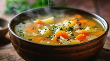 AI generated Chicken soup with vegetables and herbs in a bowl on a wooden table photo