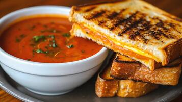 AI generated Tomato soup with toasted bread on wooden table, closeup photo