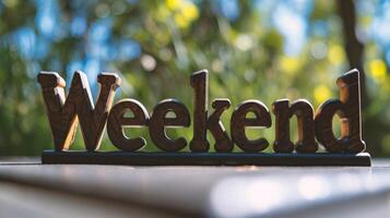 AI generated Wooden sign with the word weekend in the background of green trees photo