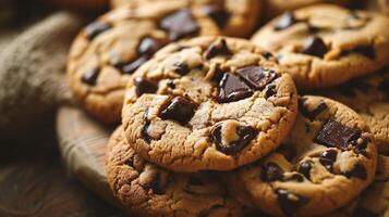 ai generado chocolate chip galletas en horneando papel, de cerca, selectivo atención foto