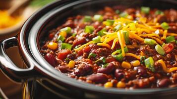 ai generado chile estafa carne en un cuenco en de madera mesa, de cerca foto