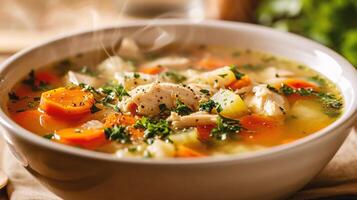 AI generated Chicken soup with vegetables and herbs in a bowl on a wooden table photo