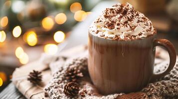 AI generated Hot chocolate with whipped cream and cocoa powder on a wooden background. photo