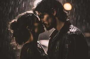 AI generated Beautiful young couple kissing under the rain in the city at night photo