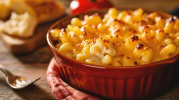 ai generado macarrones y queso con especias en un cuenco de cerca foto