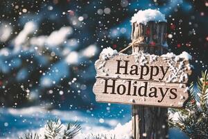 AI generated Wooden sign with Happy Holidays text on snowy background. Christmas greeting card. photo