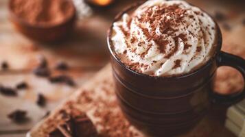 ai generado caliente chocolate con azotado crema y cacao polvo en un de madera antecedentes. foto