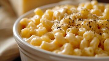 ai generado macarrones y queso con especias en un cuenco de cerca foto