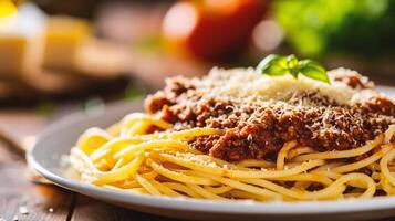 AI generated Spaghetti bolognese with parmesan cheese and basil leaf in woman hand. photo