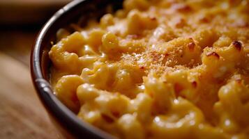 AI generated Macaroni and cheese with spices in a bowl close-up photo