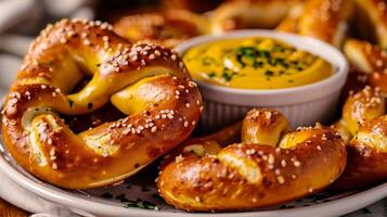 AI generated Bavarian pretzels with mustard on a wooden table. photo