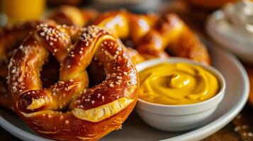 AI generated Bavarian pretzels with mustard on a wooden table. photo