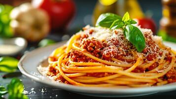 AI generated Spaghetti bolognese with parmesan on wooden table photo