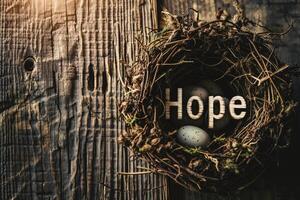 AI generated Easter eggs in a nest on a rustic wooden background with space for text photo