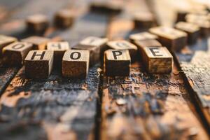 AI generated The word HOPE written in wooden letterpress type on an old wooden table. photo