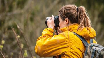 ai generado joven hembra fotógrafo tomando fotos de naturaleza en el primavera bosque. ella es vistiendo un amarillo chaqueta.