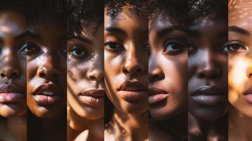 ai generado collage de hermosa africano americano mujer mirando a cámara en negro antecedentes foto