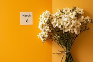 ai generado ramo de flores de blanco flores con el inscripción marzo 8 en un amarillo antecedentes foto