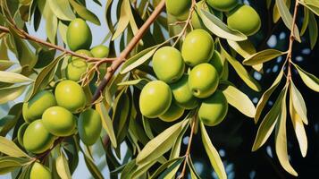 AI generated Green Olives Hanging on a Sunny Branch photo