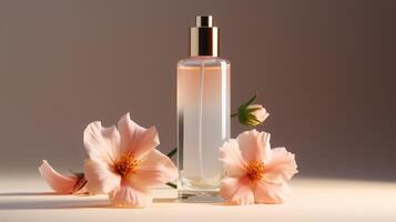AI generated Elegant Skincare Bottle Amidst Beautiful Blossoming Flowers photo