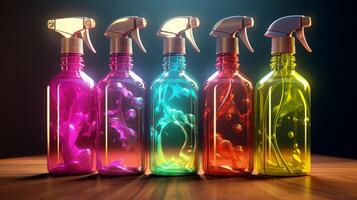 AI generated Colorful Cleaning Spray Bottles on Black Background photo