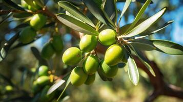 AI generated Green Olives Hanging on a Sunny Branch photo