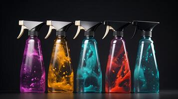 AI generated Colorful Cleaning Spray Bottles on Black Background photo