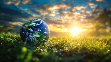 AI generated Globe on green grass with sunset sky background, Global warming concept photo