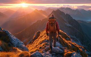 AI generated Adventurous Hiker Overlooking Mountain Sunset photo