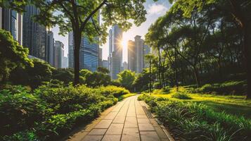 AI generated walkway in the city park with green trees and blue sky background photo