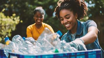 AI generated Group of multiethnic volunteers collecting plastic bottles in park on sunny day photo