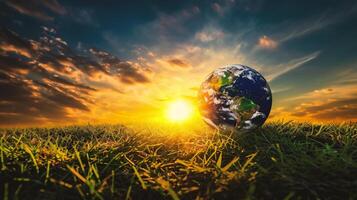 AI generated Globe on green grass with sunset sky background, Global warming concept photo